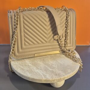 Vegan Leather Tan Chevron Grid Gold Chain Shoulder Bag